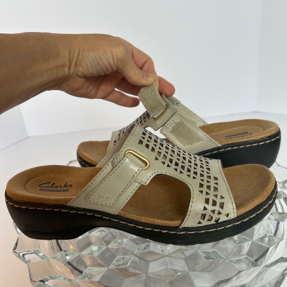 Clarks Collection Off White Leather‎ Cutout Adjustable Strap Sandals